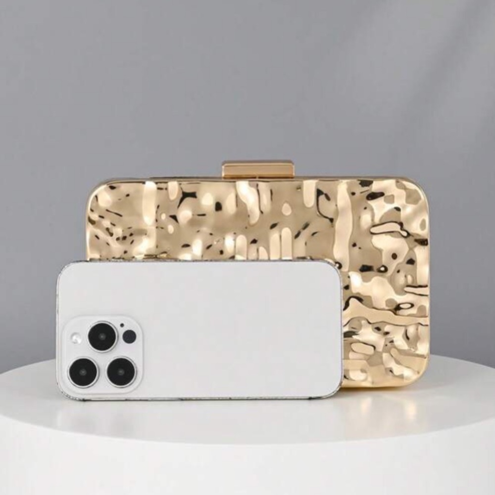 Gold Textured Metal Clutch - Evening Bag - Picture 3 of 8